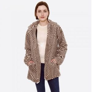Hooded Faux Fur Herringbone Print Coat